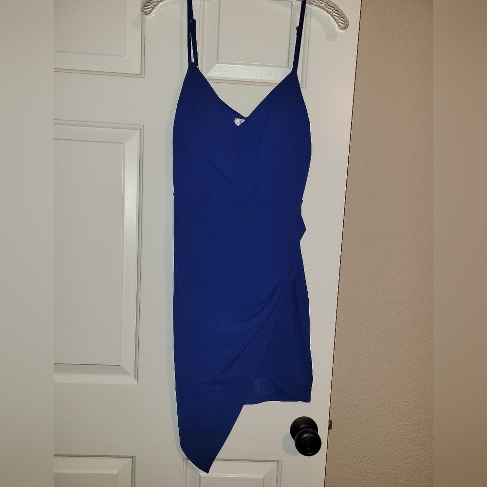Emerald Sundae Royal Blue V-Neck Dress W/ Very Flattering Asymmetrical Hemline